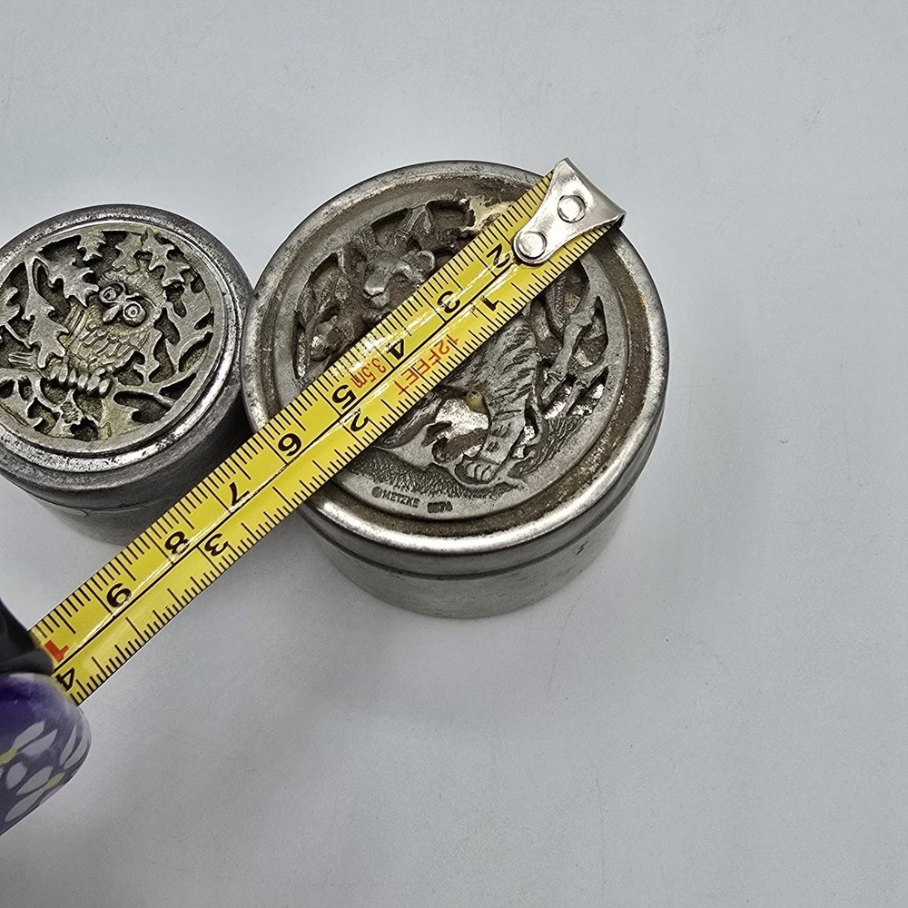 1970s Metzke Pewter Round‎ Panther Lioness Owl Tiger Trinket Tin Box Small AS IS - Picture 7 of 13